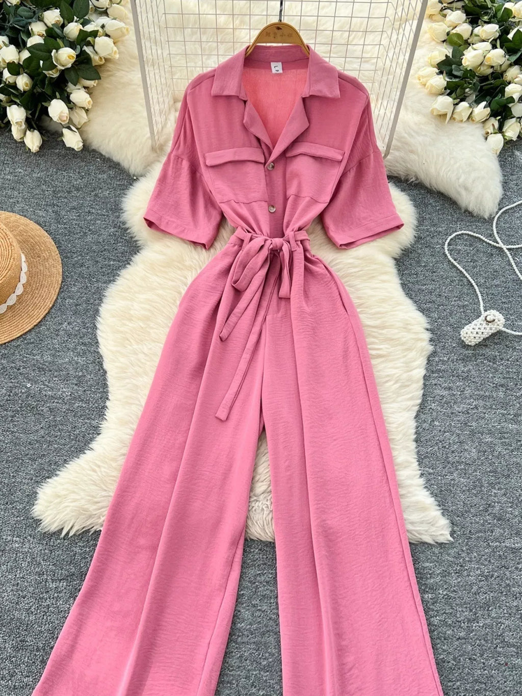 Pink Tie Waist Wide Leg Jumpsuit for Women