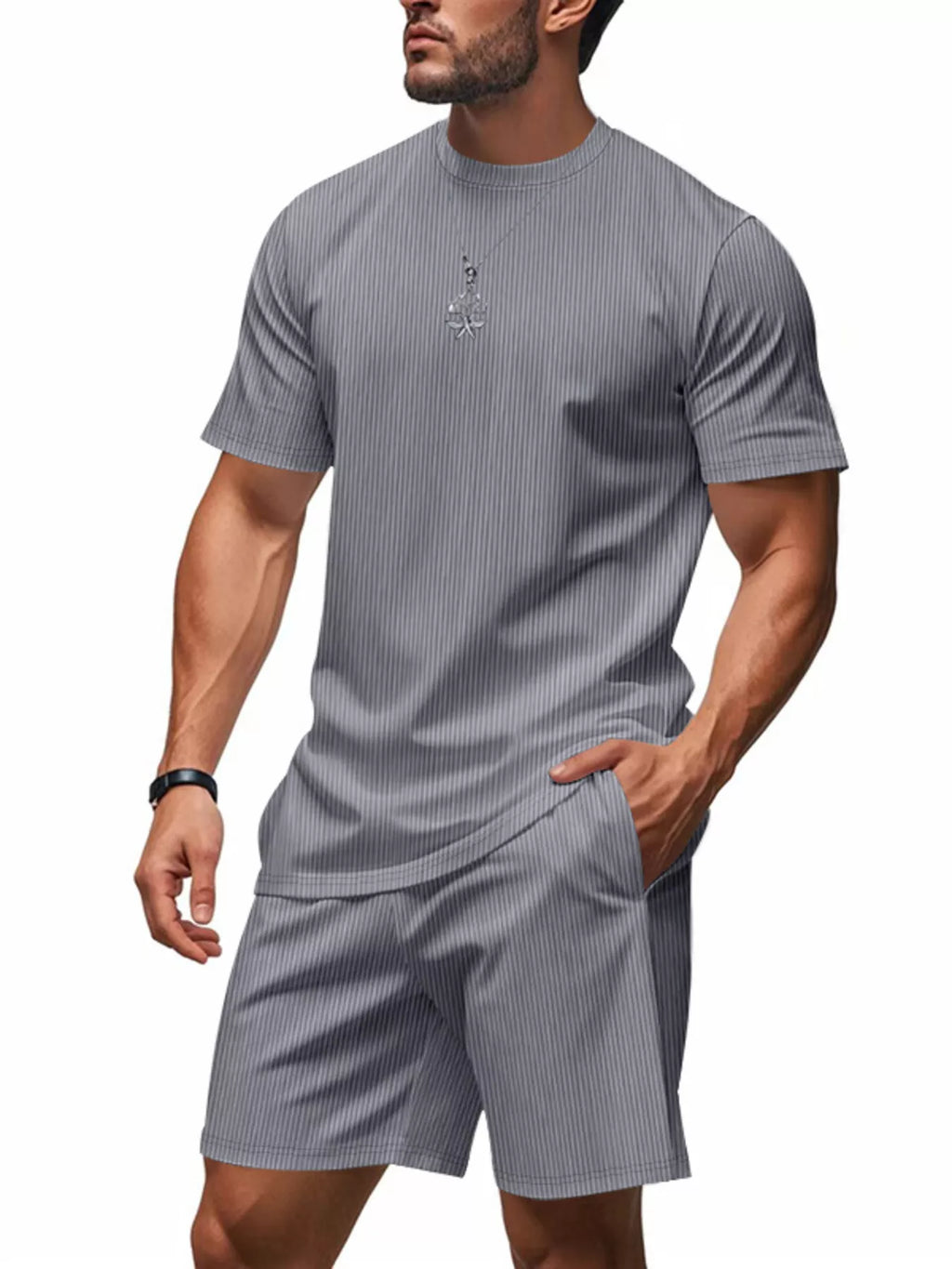 Casual Striped Top and Shorts Set Plus Size in Light Blue for Men