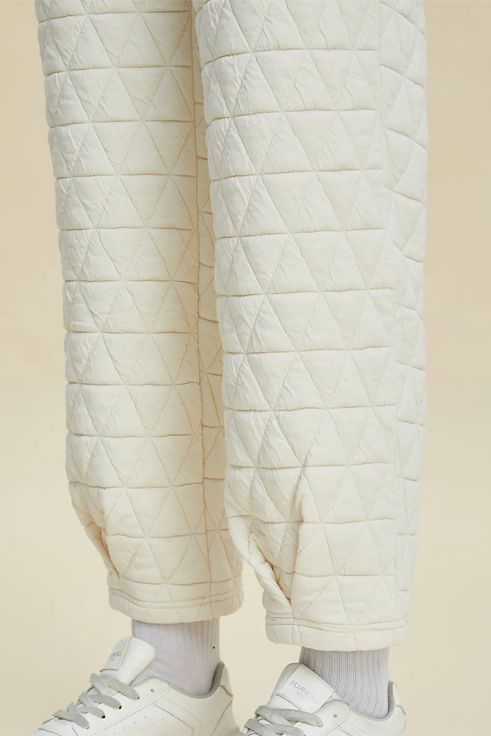 Plus Size Texture Round Neck Long Sleeve Top and Pants Set in Beige for Women