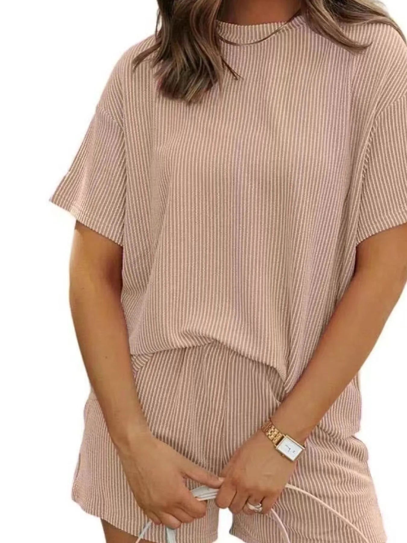 Ribbed Short Sleeve Top and Shorts Two-Piece Set Plus Size in Black for Women