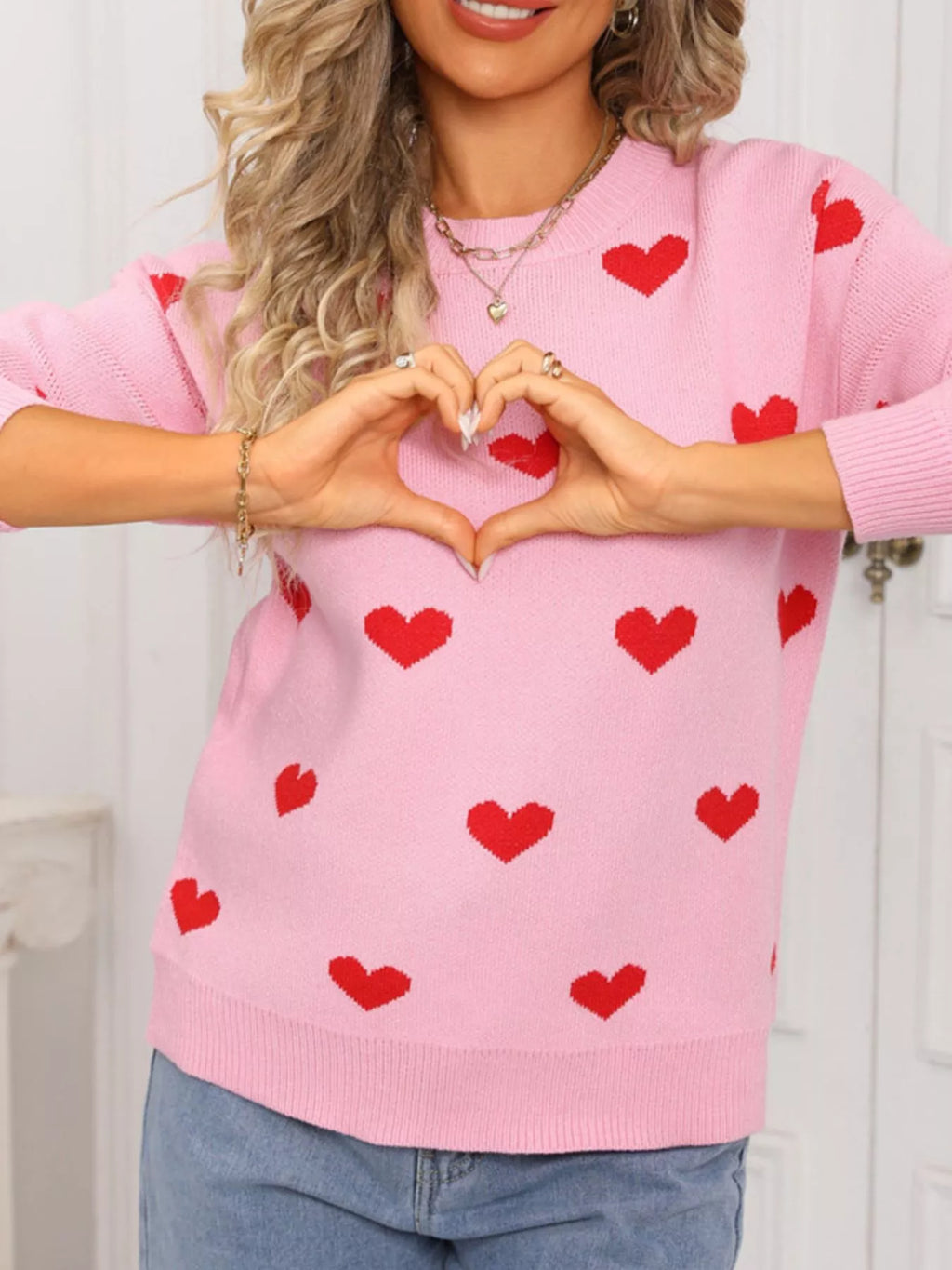 Valentines Day Heart Pattern Dropped Shoulder Sweater in Rose Red for Women