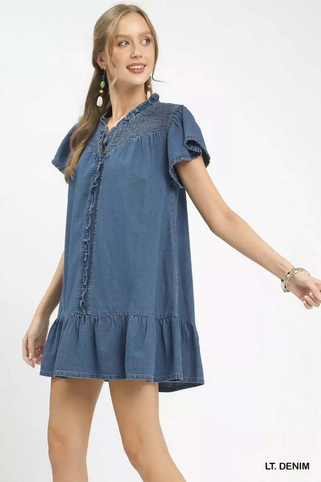 Ruffled Washed Denim Dress in Light Denim for Women