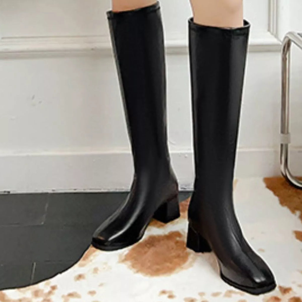 Square Toe Block Heels Boots in White for Women