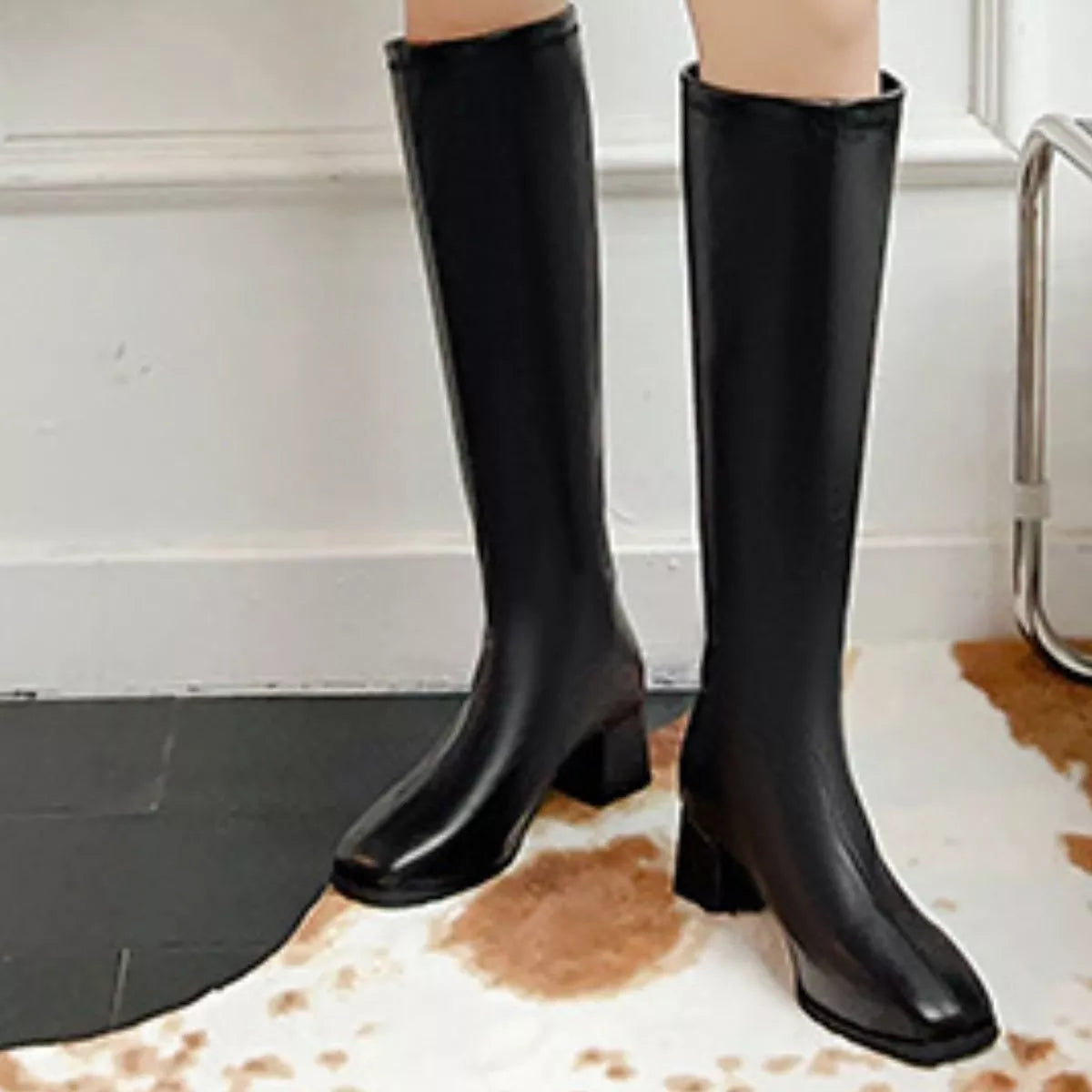 Square Toe Block Heels Boots in White for Women