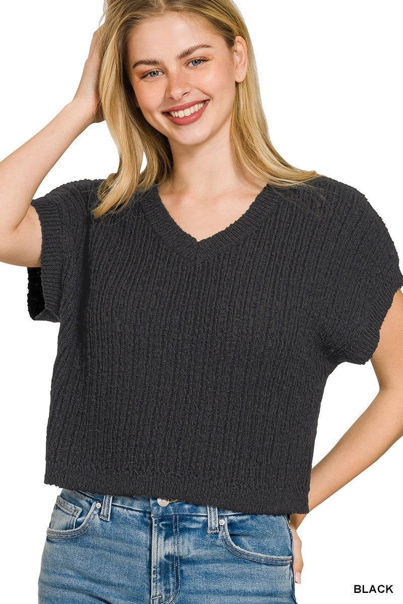 Textured Knit V-Neck Cropped Sweater in Black for Women