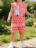 Bunny Heart Print Top and Shorts Set in Strawberry for Girls