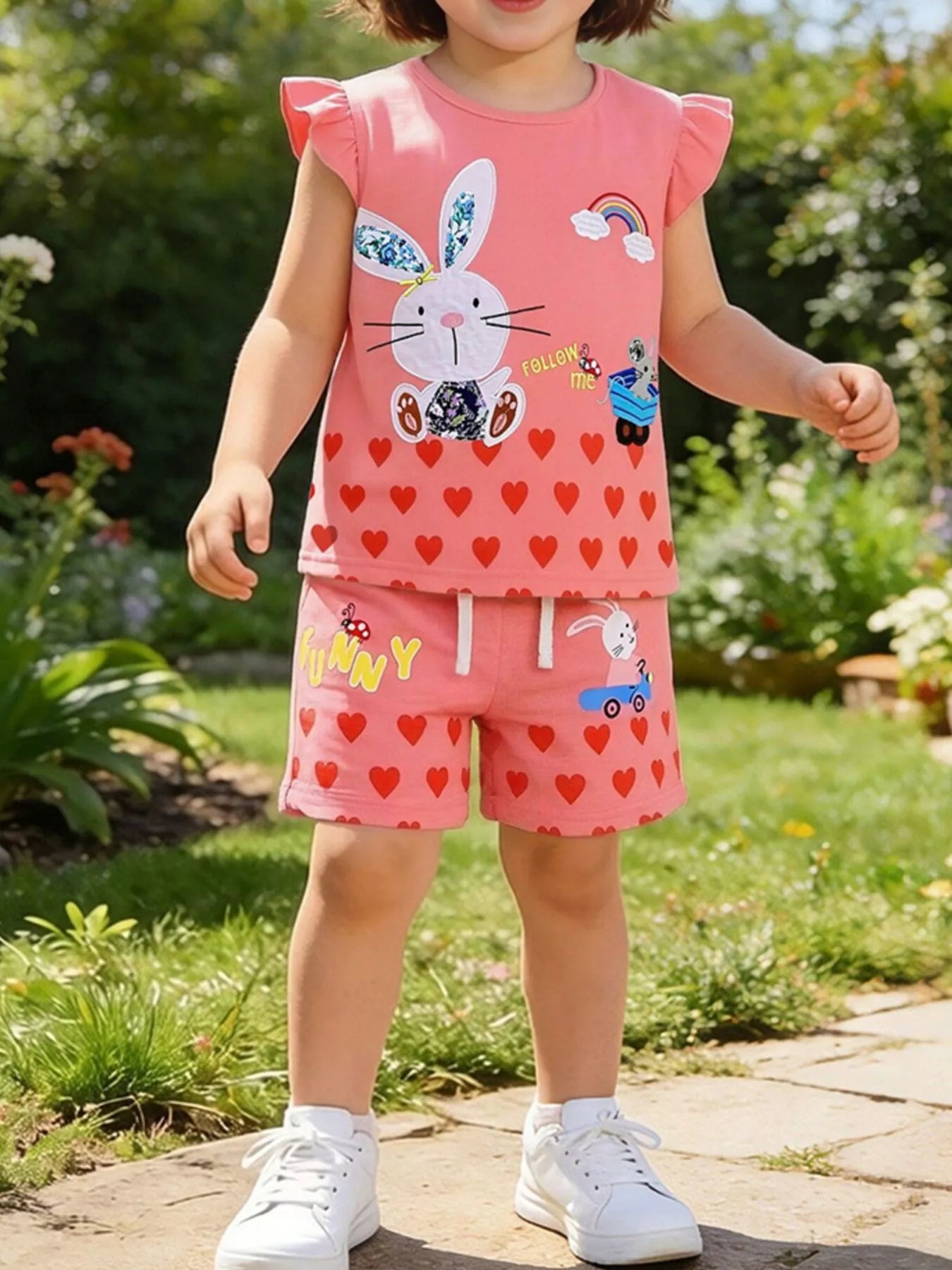 Bunny Heart Print Top and Shorts Set in Strawberry for Girls