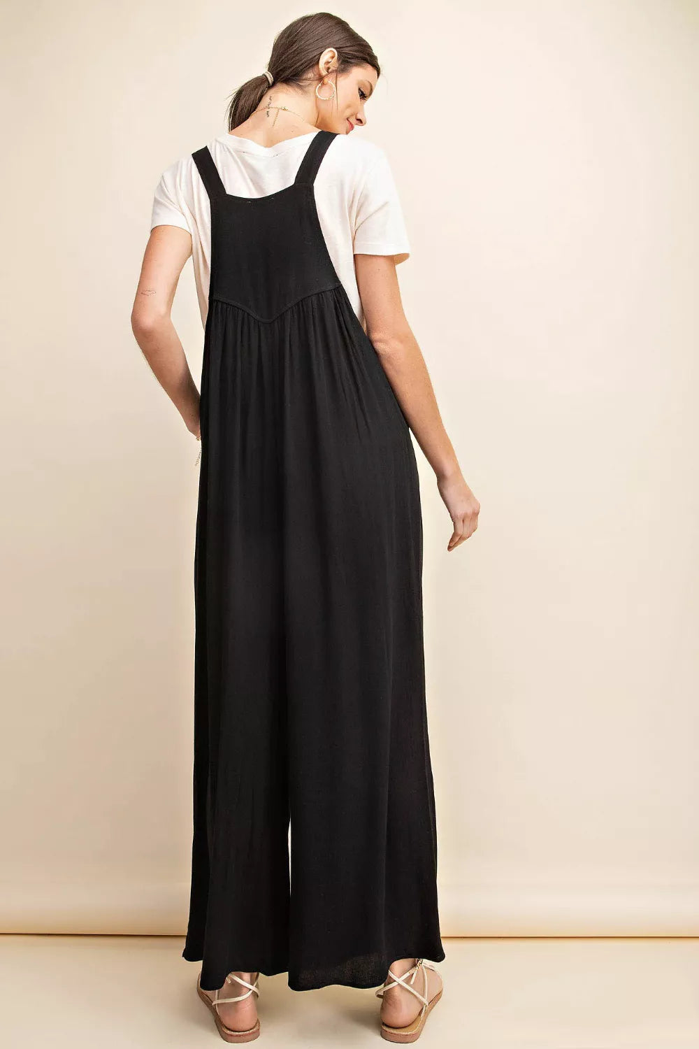 Kori America Plus Size Sleeveless Ruched Wide Leg Overalls in Black for Women