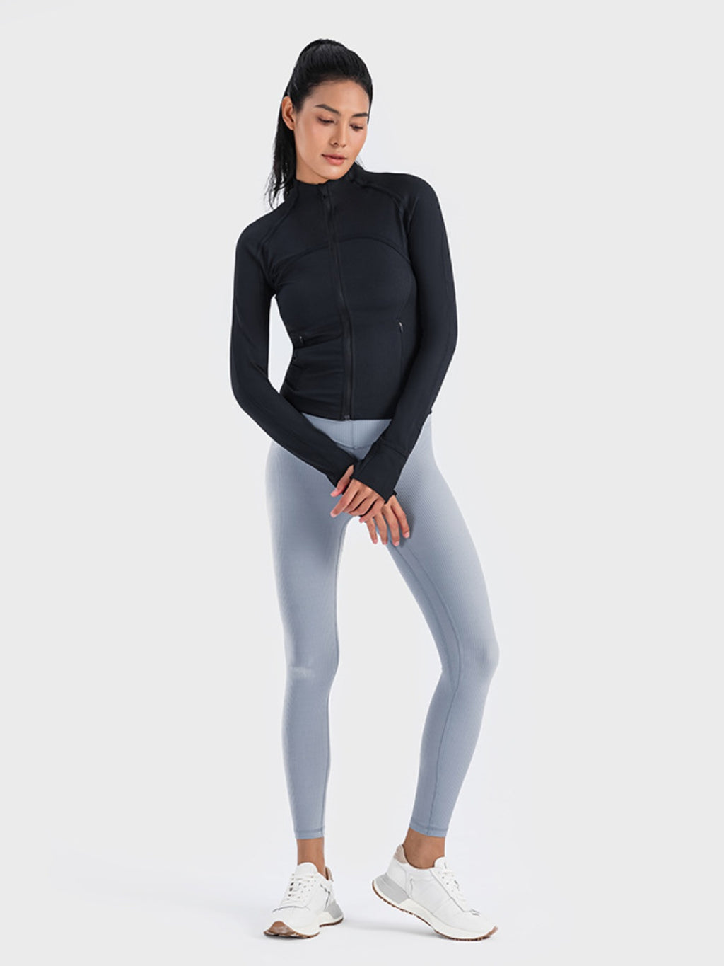 Zip-Up Long Sleeve Sports Jacket in White for Women