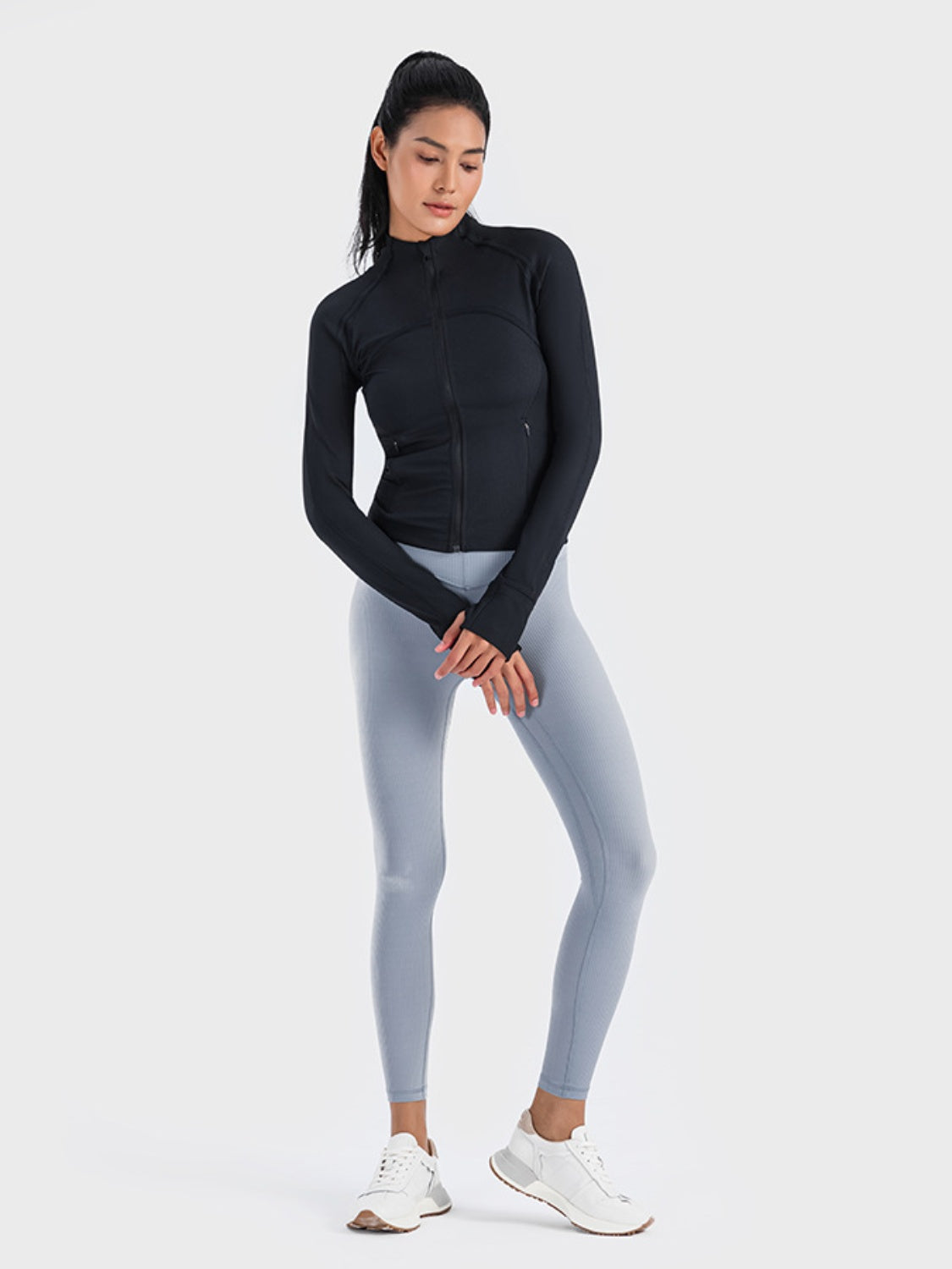 Zip-Up Long Sleeve Sports Jacket in White for Women