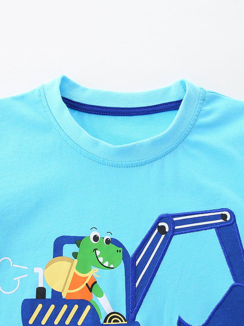 Cartoon Excavator Print Tee and Shorts Set in Pastel Blue for Boys