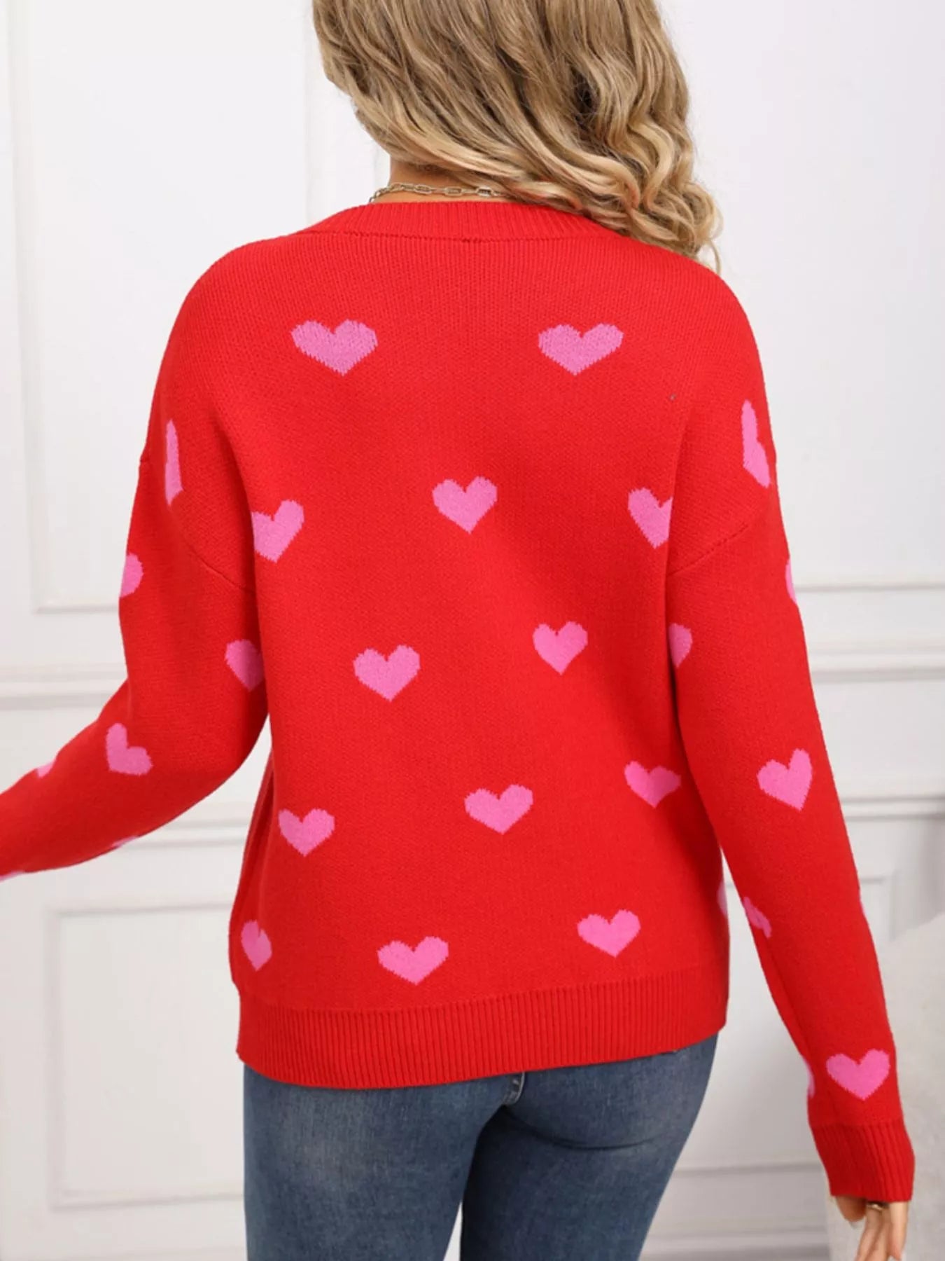 Valentines Day Heart Pattern Dropped Shoulder Sweater for Women