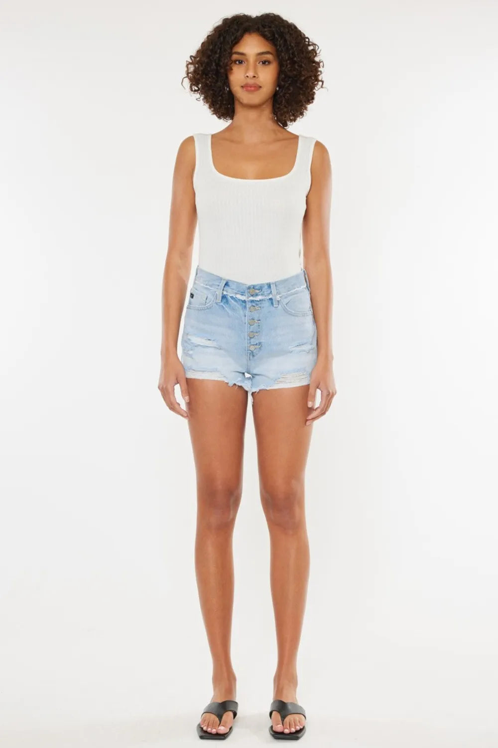 Distressed Button Fly Denim Shorts in Medium for Women