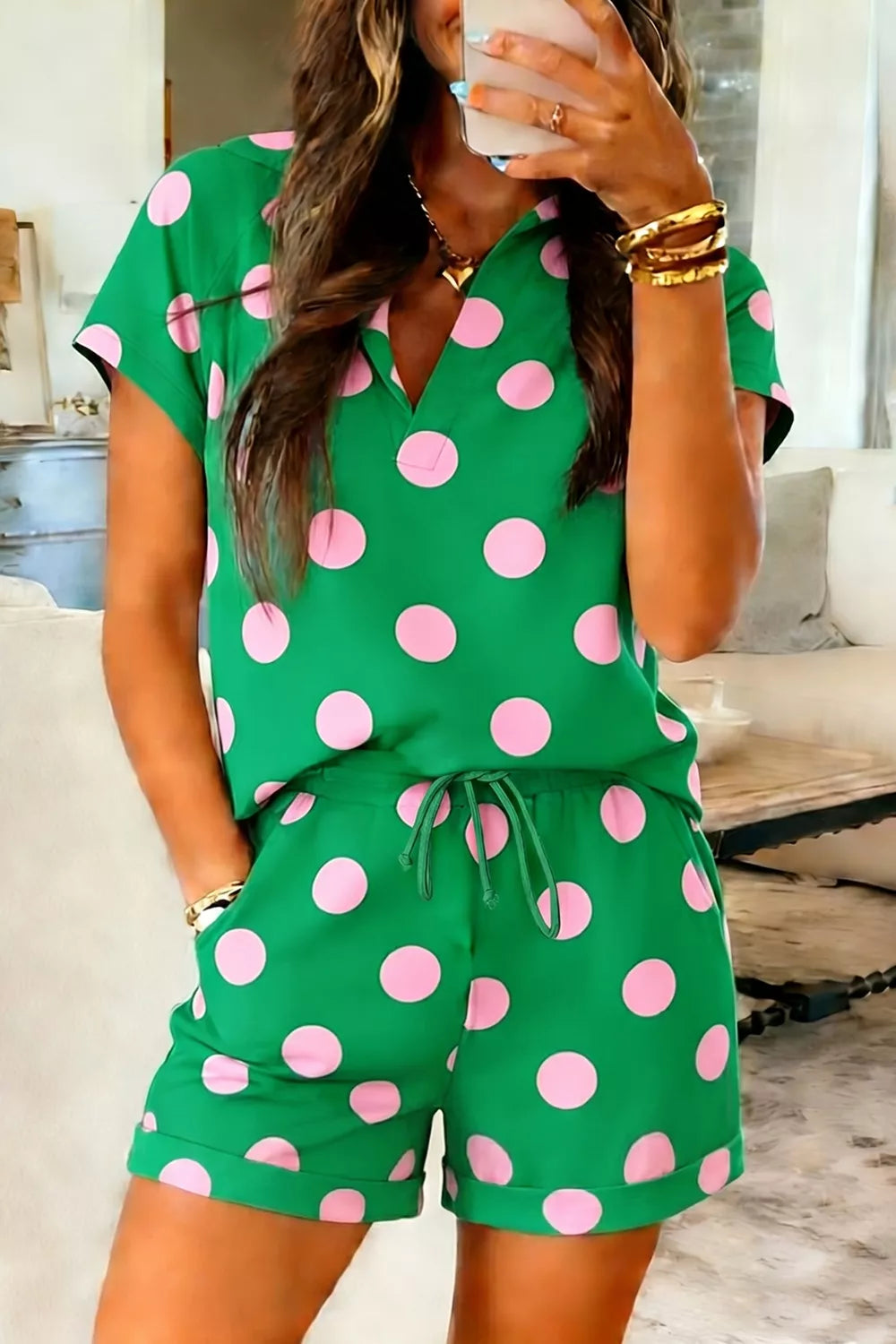 Polka Dot Print V-Neck Tee Shorts Set in Green for Women