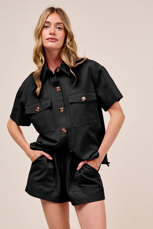 Button Down Denim Game Day Top and Shorts Set in Black for Women