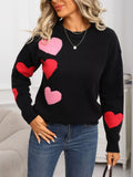 Valentines Day Heart Pattern Round Neck Sweater in Black for Women