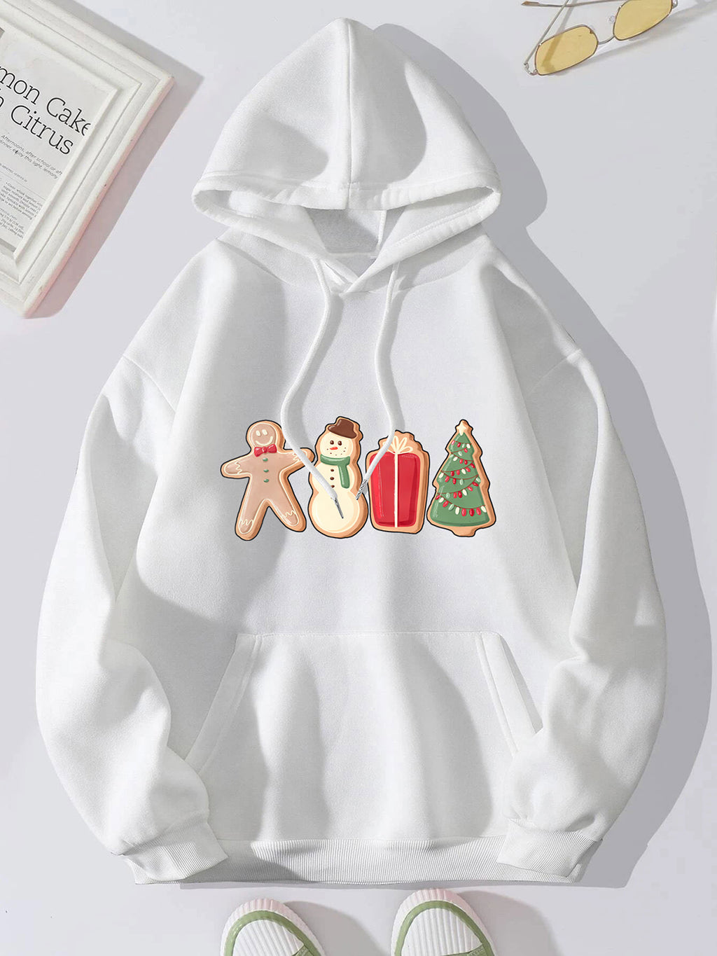 Graphic Drawstring Hoodie with Pocket in Green for Women