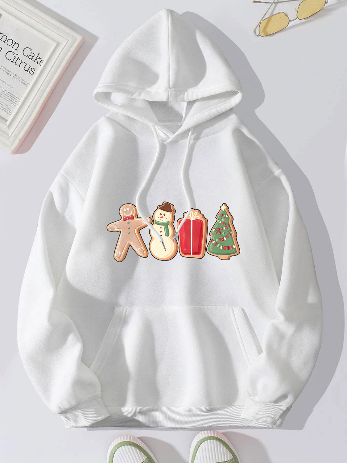 Graphic Drawstring Hoodie with Pocket in Green for Women
