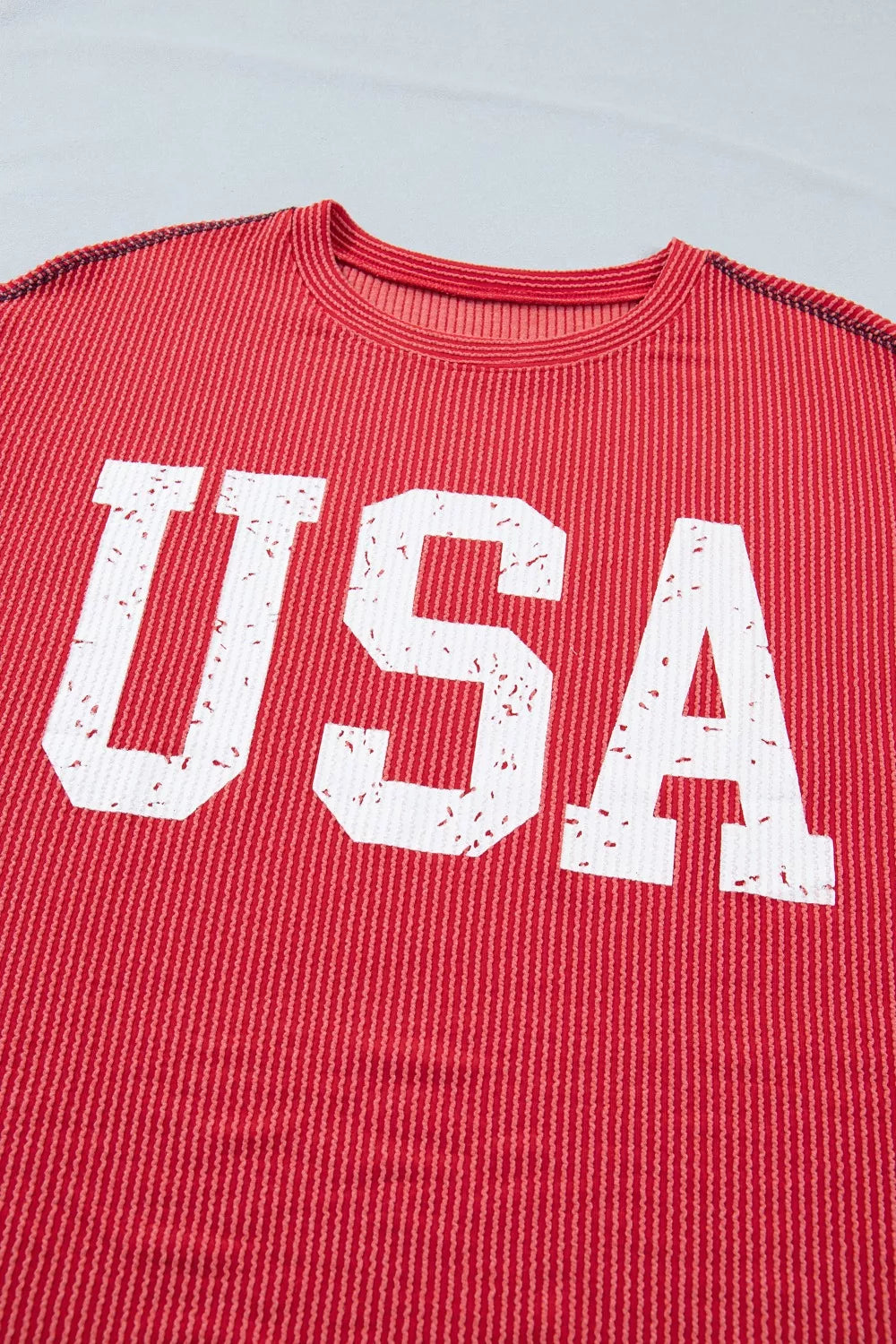 Twisted Rib Vintage USA Letter Printed T-Shirt for Women
