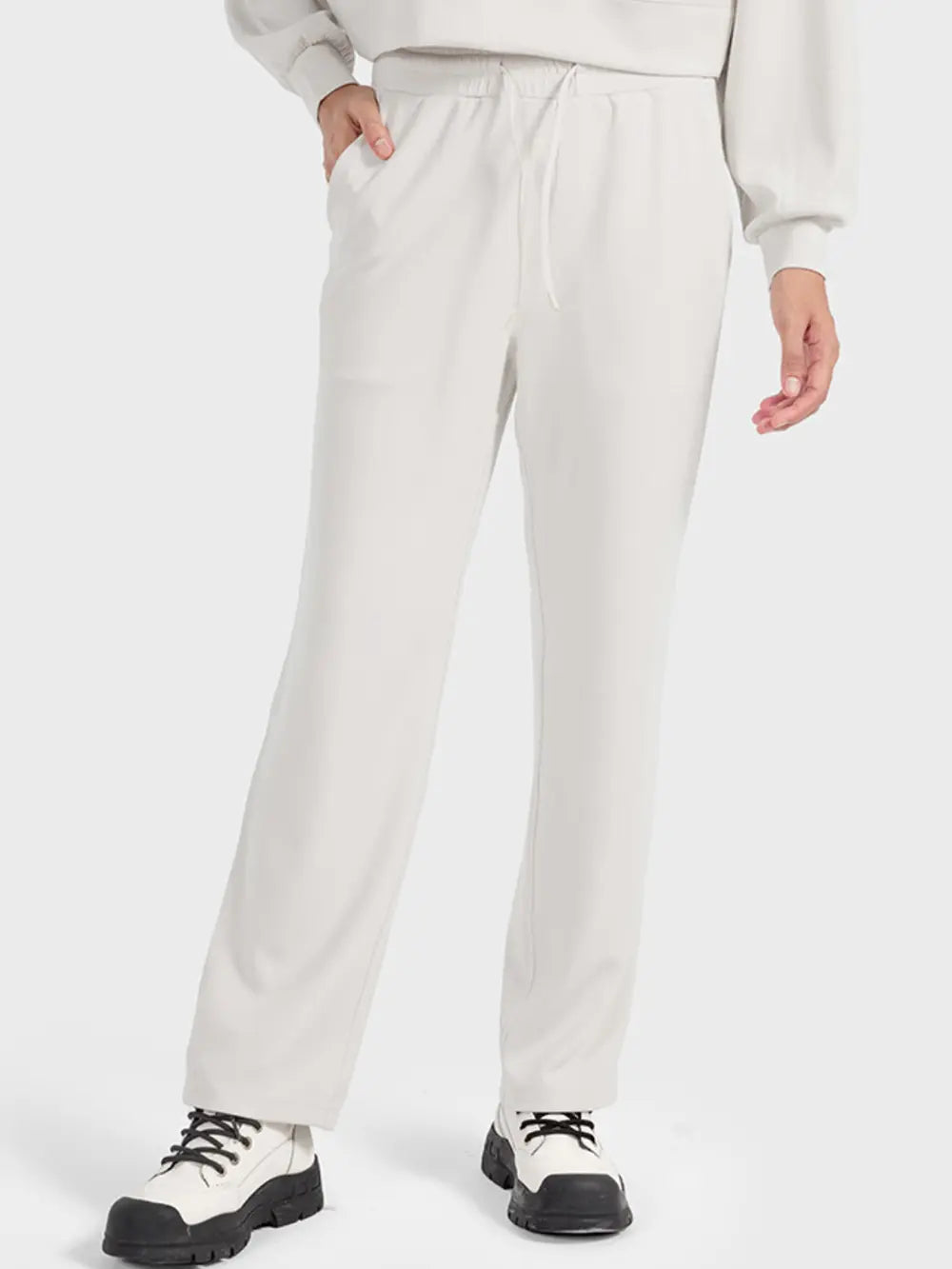 Drawstring Pocketed Sport Pants in Ivory for Women