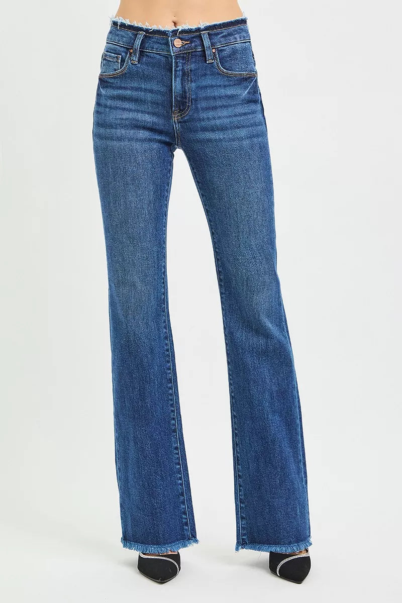 Mid Rise Bootcut Frayed Waistband Hem Detail Jeans Plus Size in Dark for Women
