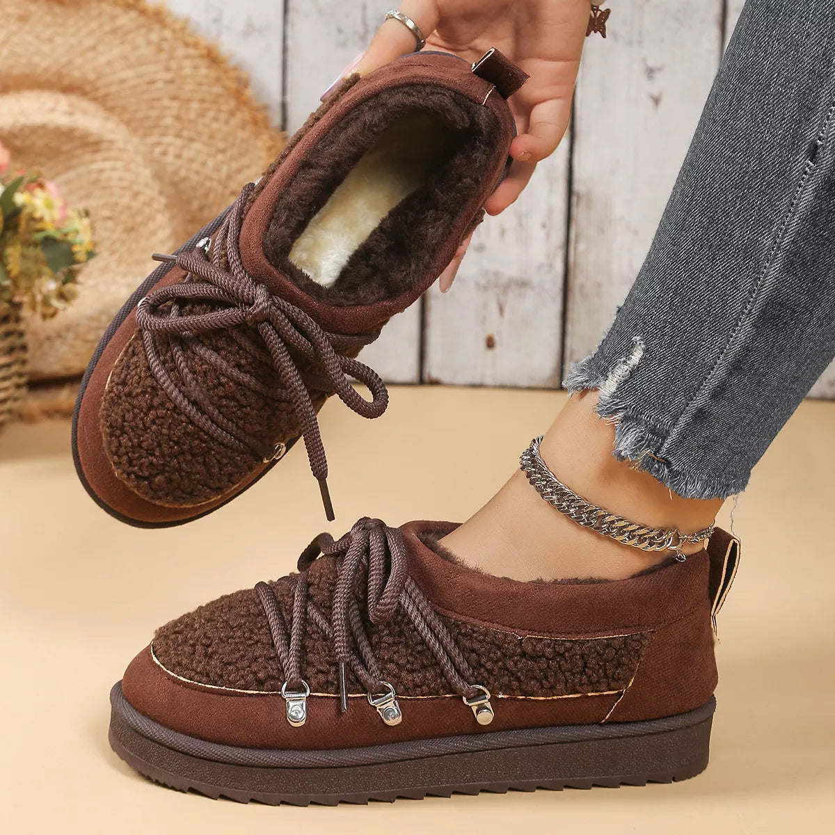 Lace Up Round Toe Platform Ankle Boots in Camel for Women