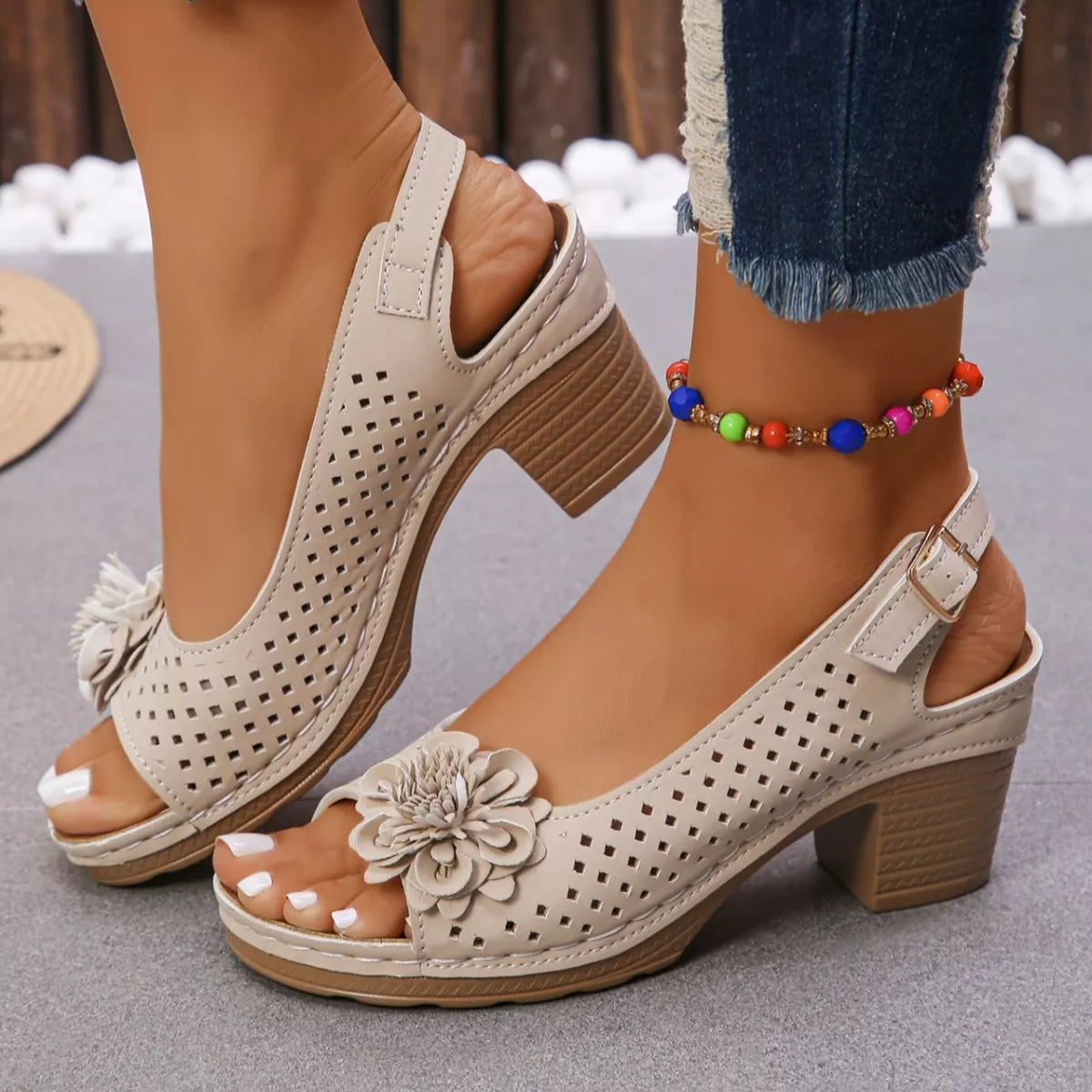 Floral Accent Block Heel Sandals in Black for Women