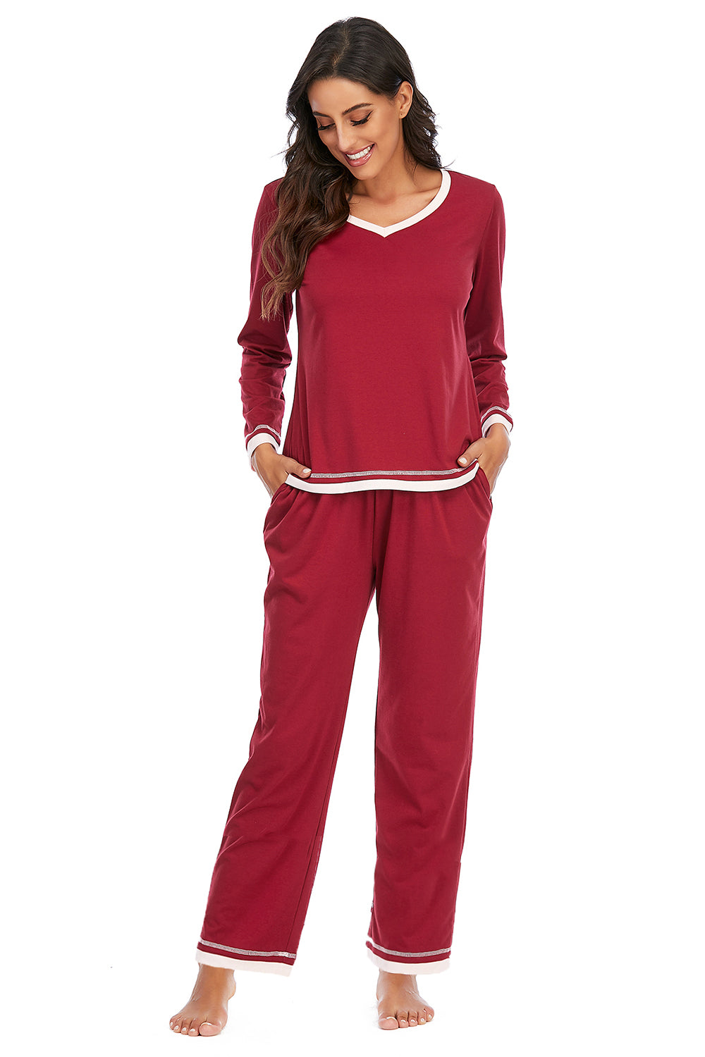 V-Neck Top and Pants Lounge Set in Charcoal for Women