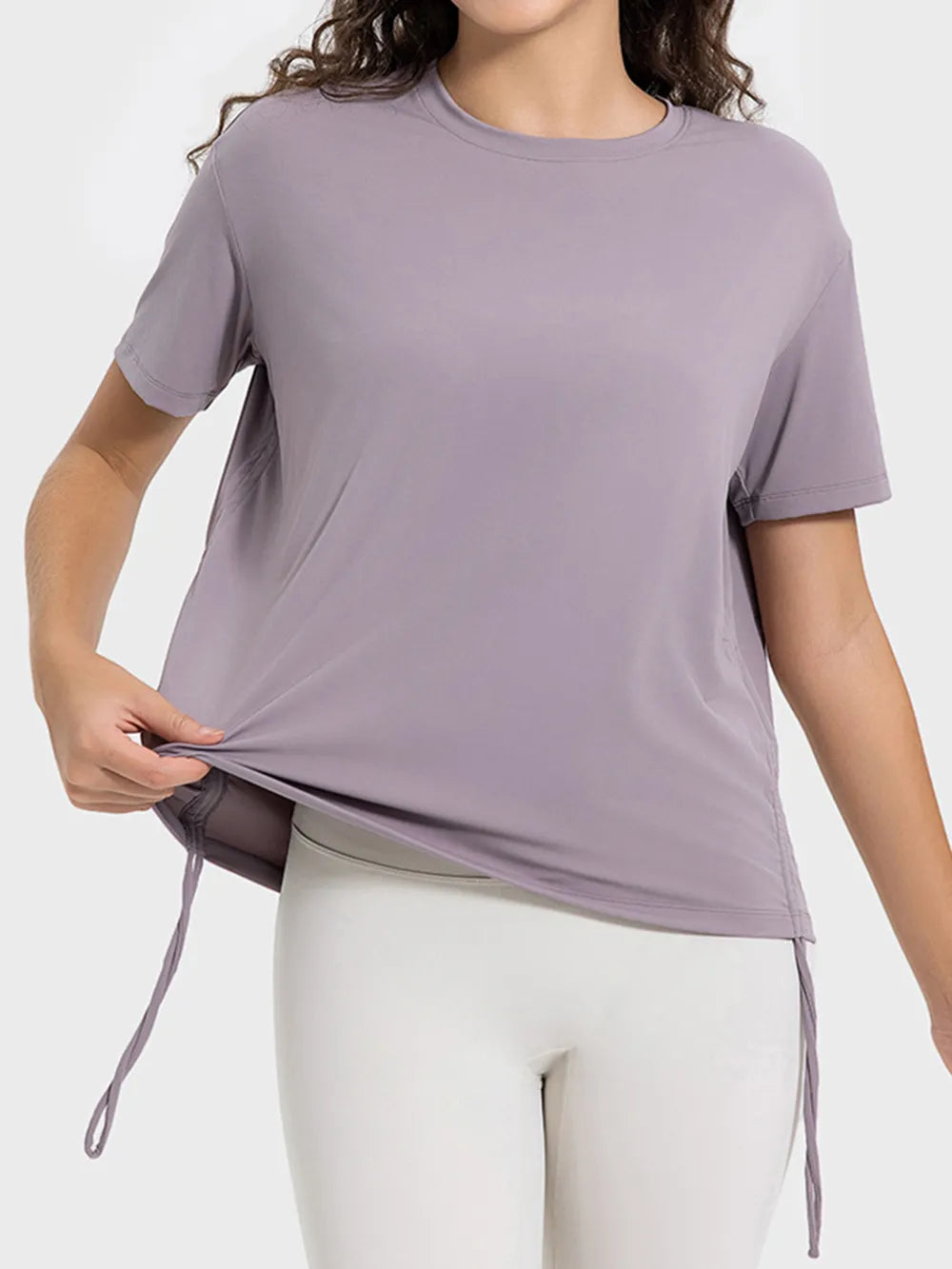 Drawstring Round Neck Short Sleeve Active T-Shirt in Black for Women