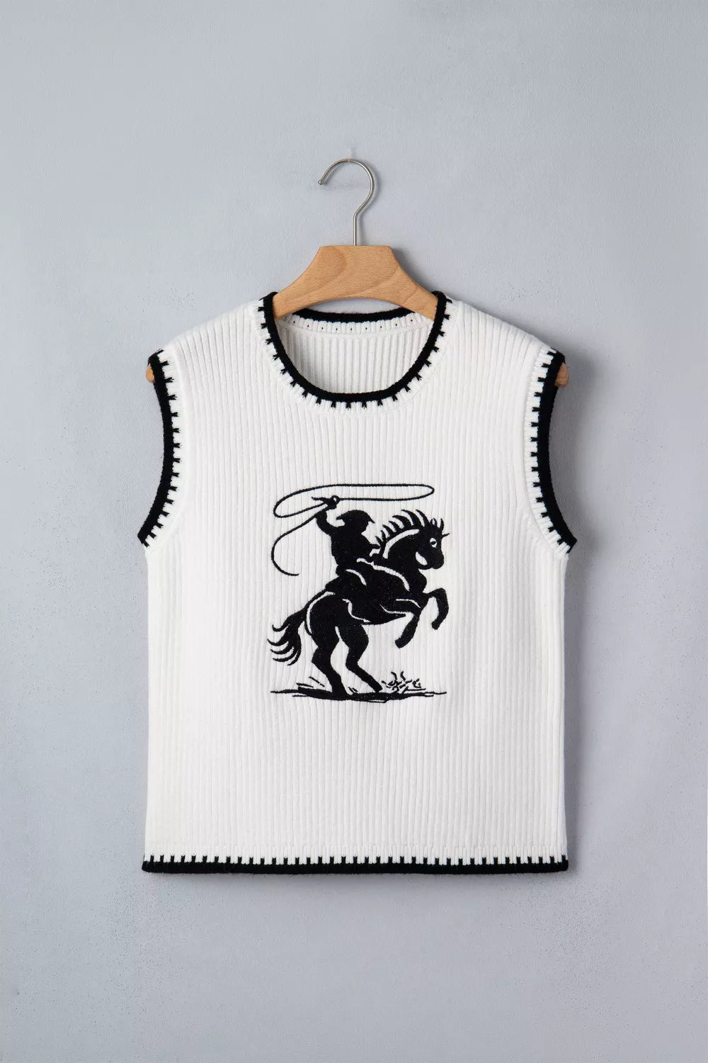 Contrast Trim Round Neck Rodeo Cowboy Sweater Vest in White for Women