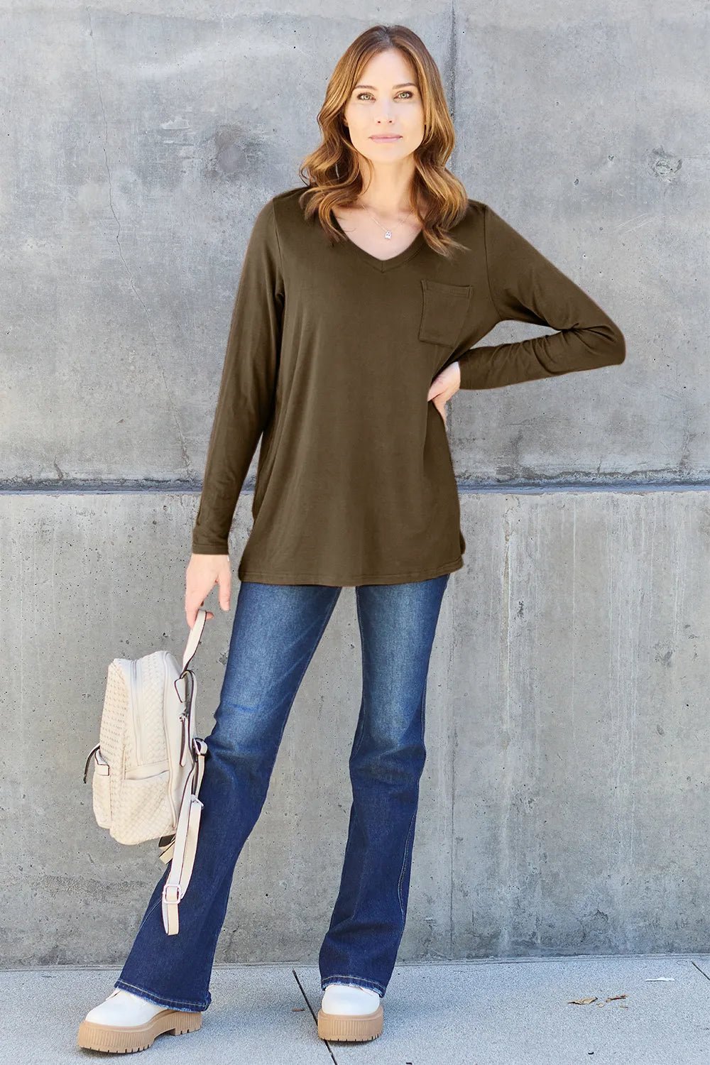 Plus Size V-Neck Long Sleeve Top in Mocha for Women