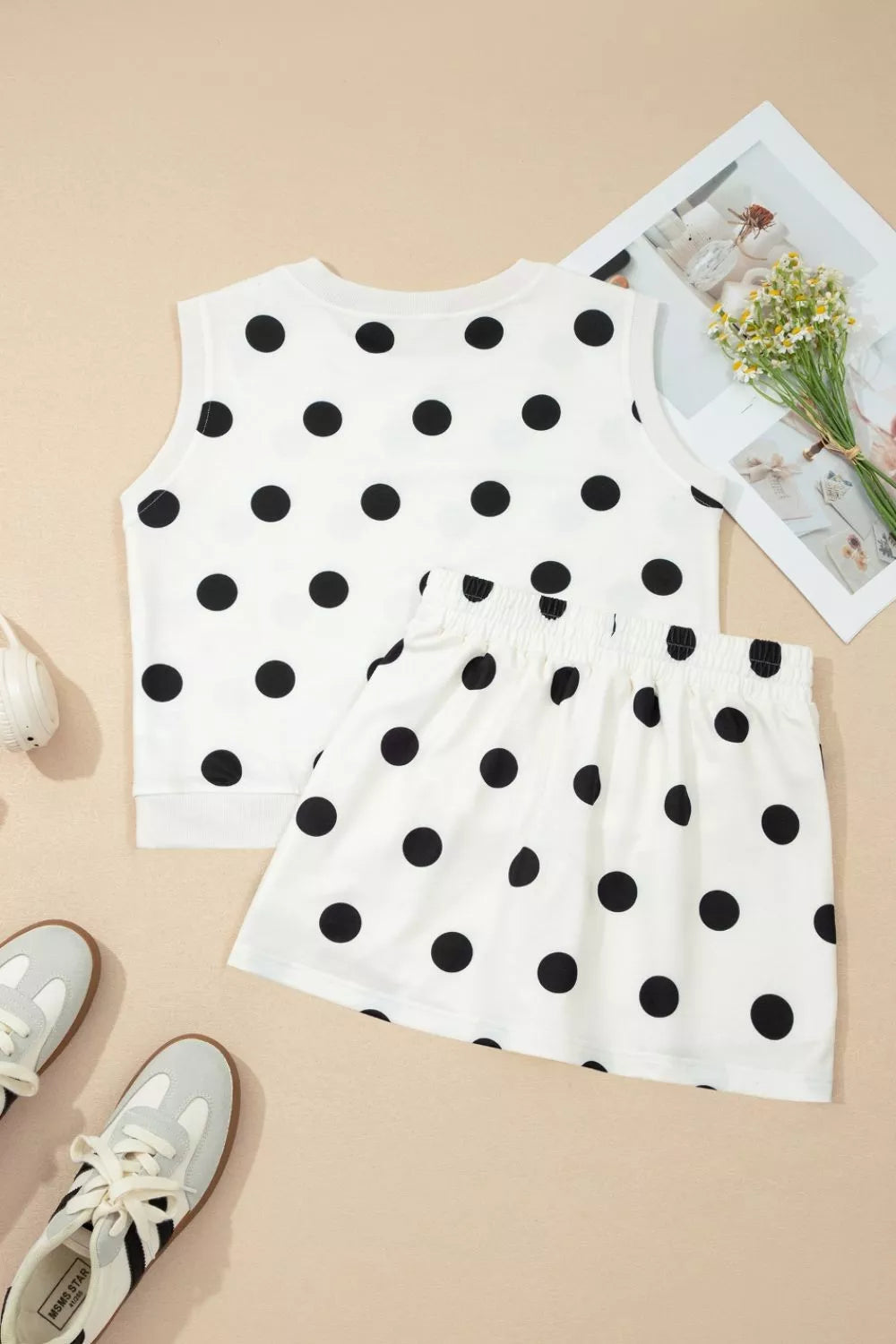 Ribbed Trim Polka Dot Print Tank Split Mini Skort Two-Piece Set for Women