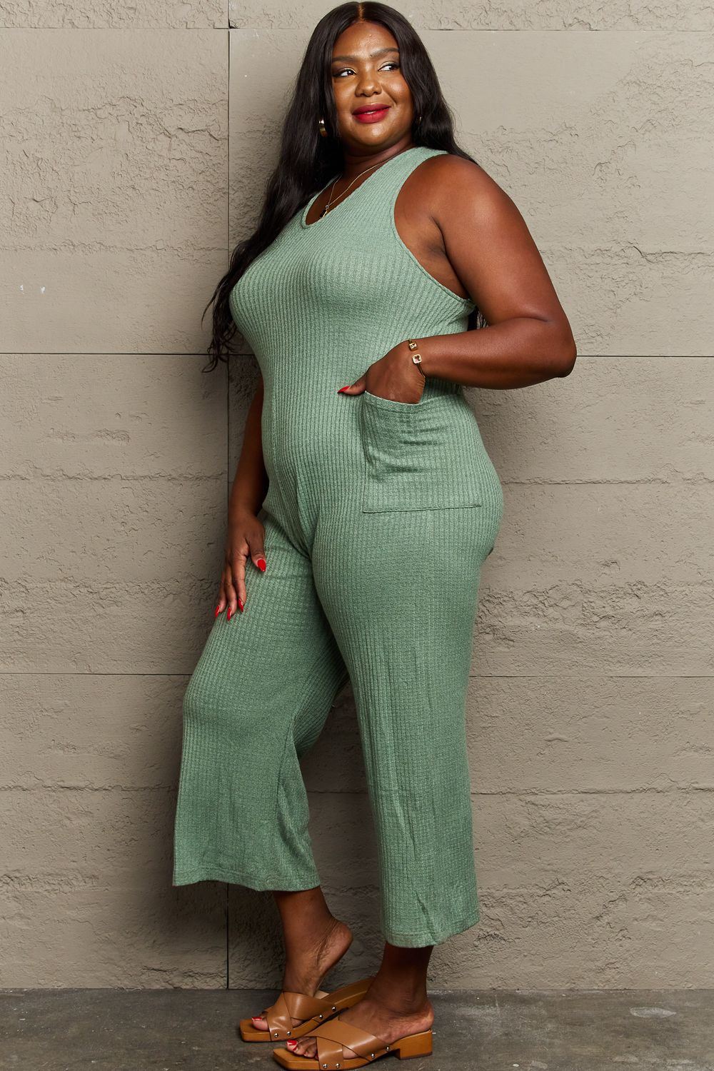 Dont Get It Twisted Plus Size Rib Knit Jumpsuit in Sage for Women