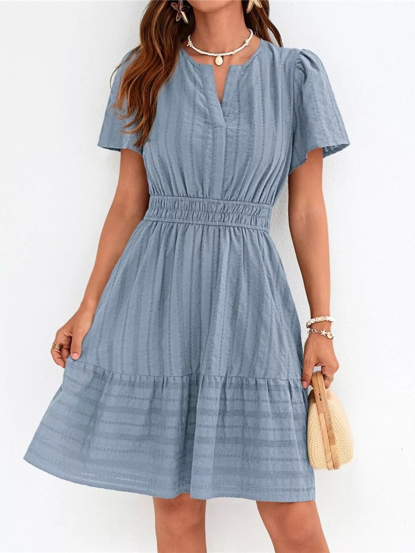 Short Sleeve Smocked Waist Tiered Dress in Light Blue for Women