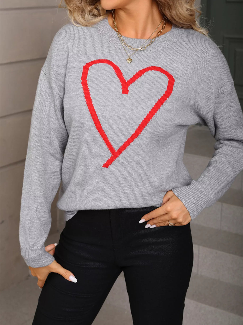 Valentines Day Heart Graphic Dropped Shoulder Sweater in Grey for Women