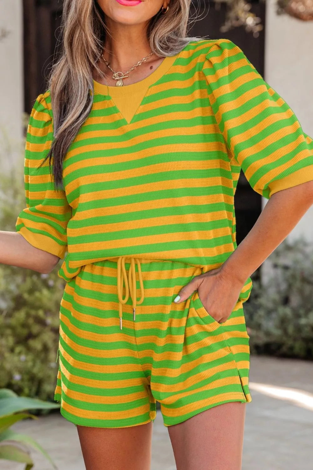 Striped Puff Sleeve Top and Drawstring Shorts Set for Women