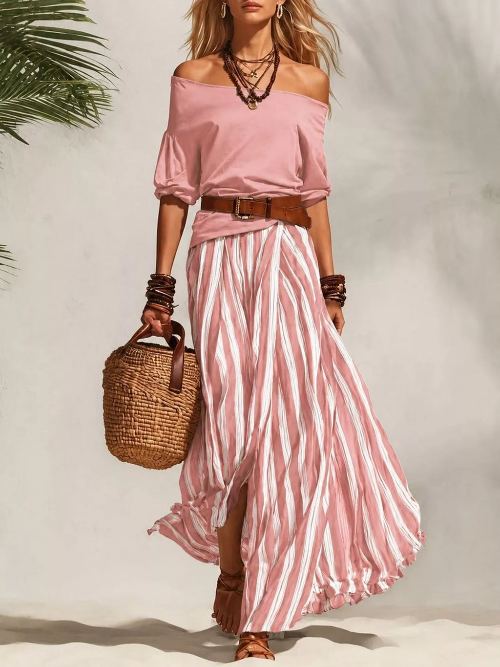 Off Shoulder Top and Striped Maxi Skirt Set in Black for Women