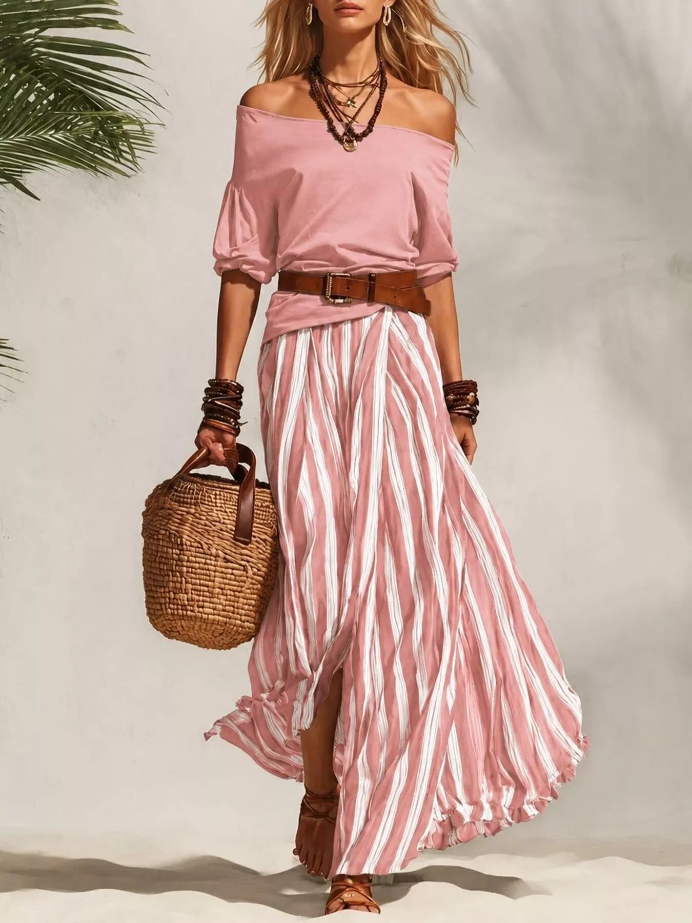 Off Shoulder Top and Striped Maxi Skirt Set in Black for Women