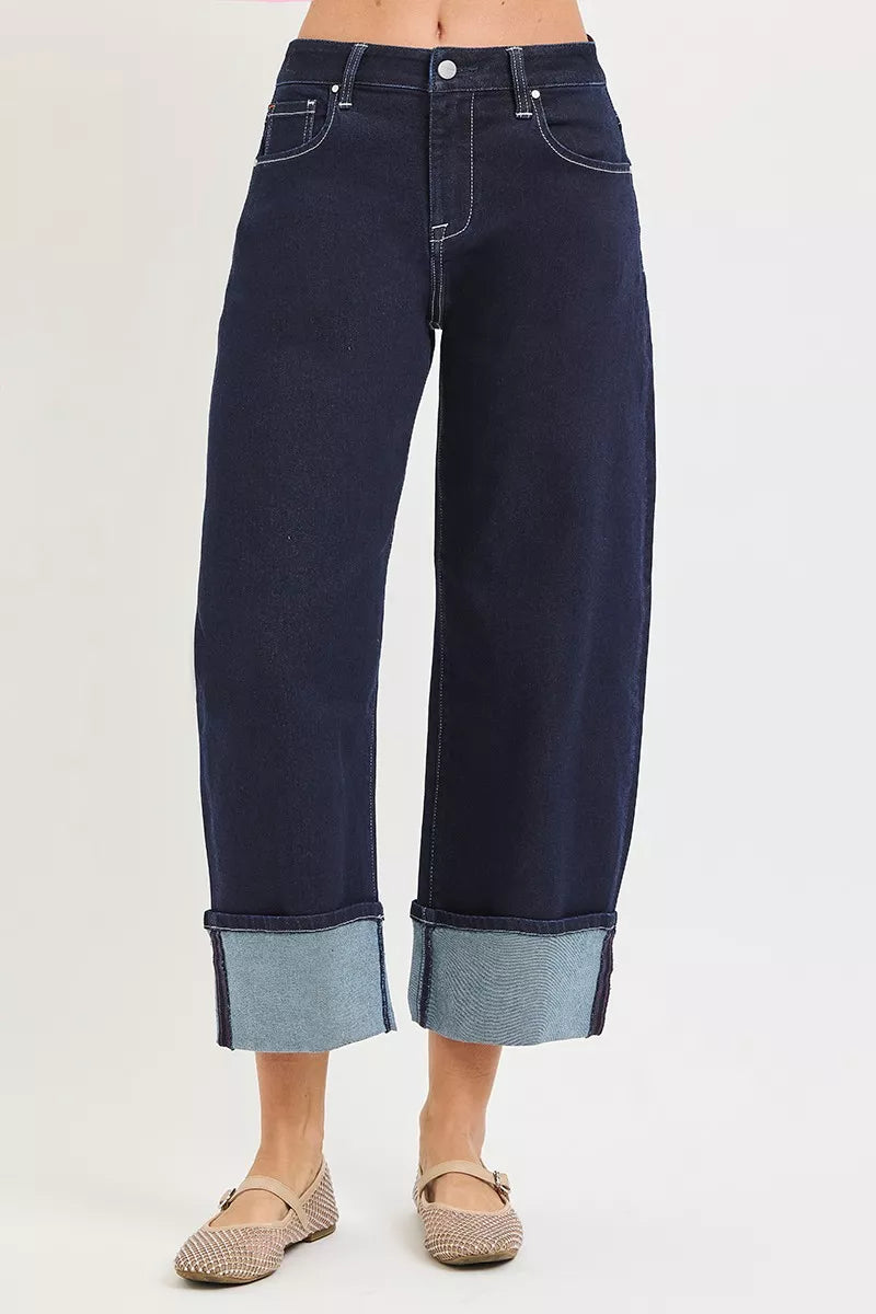 Slouchy Crop Barrel Cuffed Hem Jeans in Solid Dark for Women