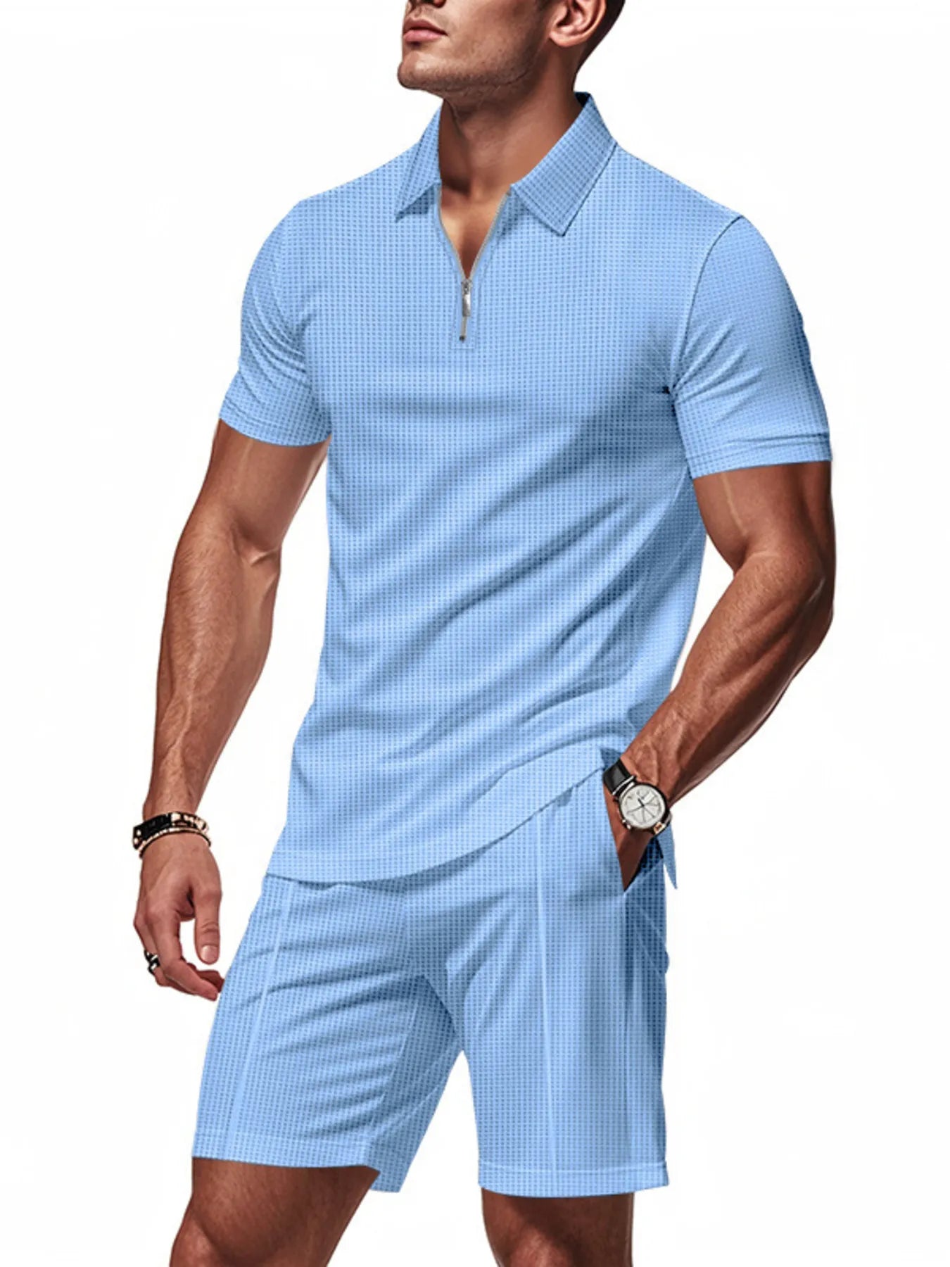 Plus Size Quarter Zip Short Sleeve Top and Shorts Set in Light Blue for Men