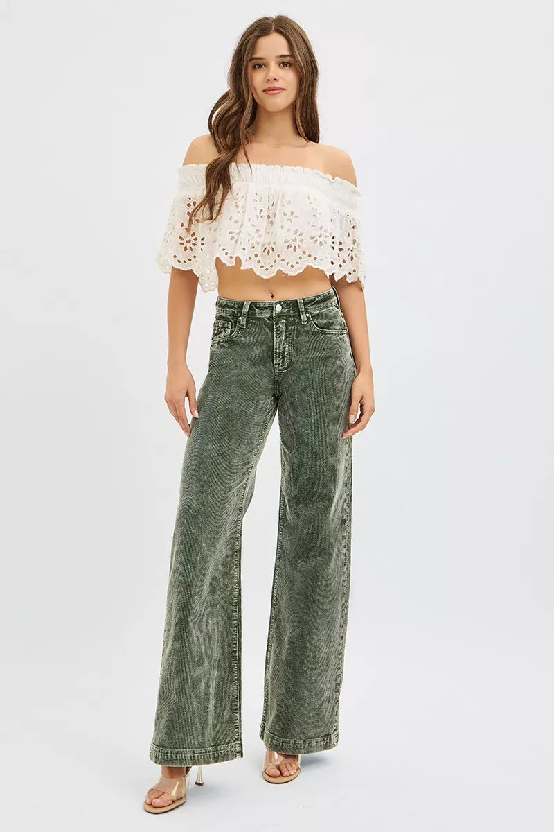 High Rise Wide Leg Corduroy Jeans Plus Size in Forest for Women