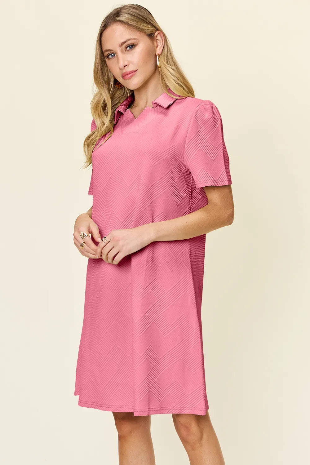 Plus Size Texture Collared Neck Short Sleeve Dress in Tangerine for Women