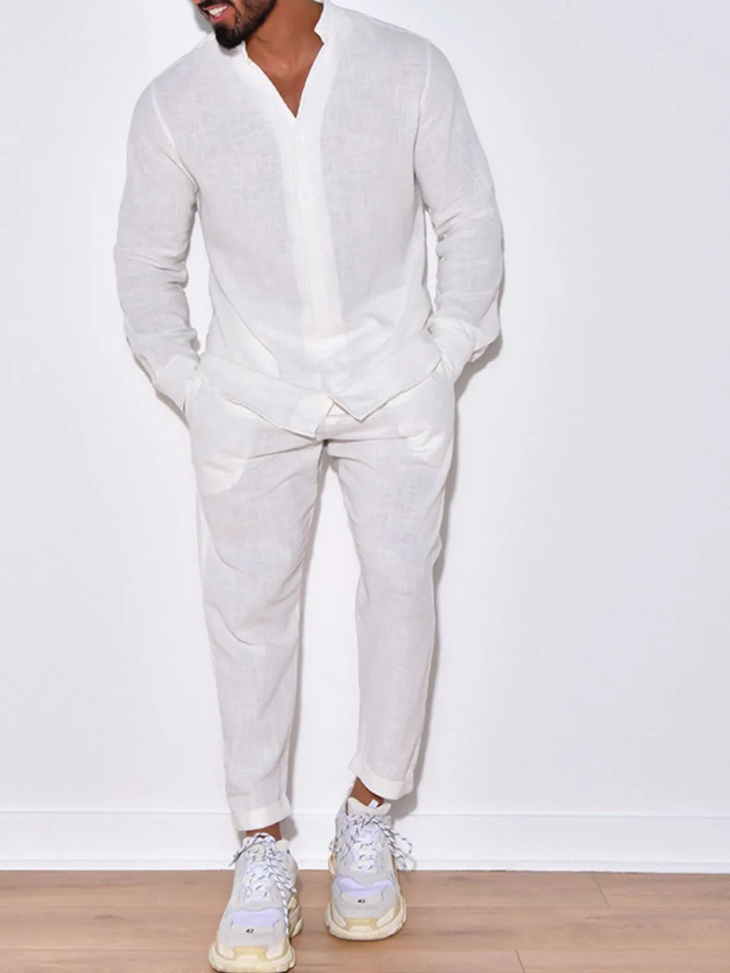 Button Up Long Sleeve Top and Pants Set in Beige for Men