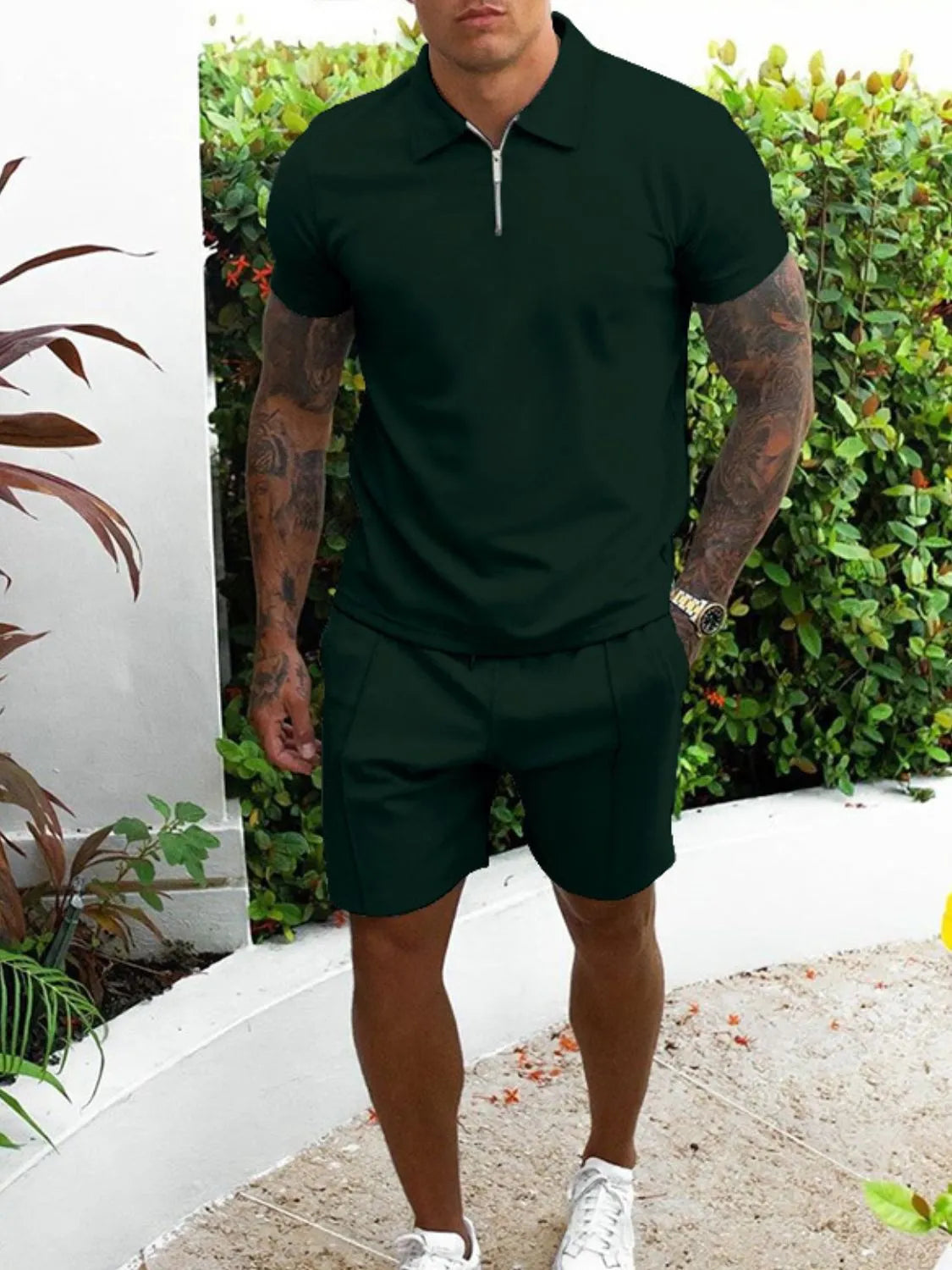 Collared Neck Short Sleeve Top and Shorts Set Plus Size in Black in Light Blue for Men