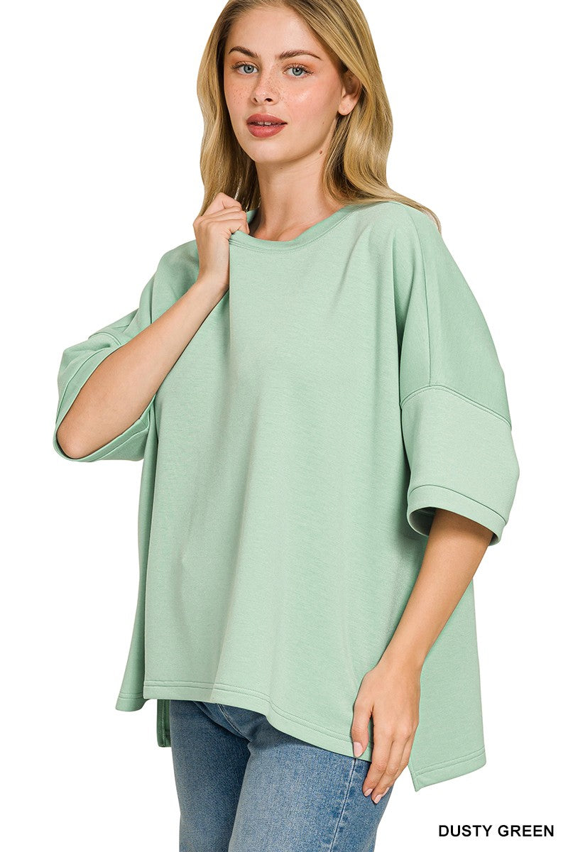 Scuba Round Neck Top with Side Slits Plus Size in Dusty Green for Women