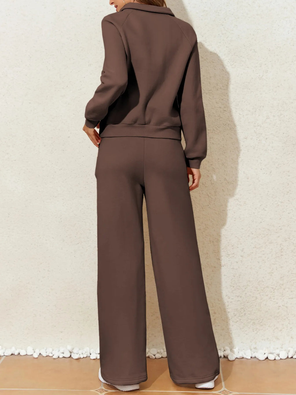 Collared Sweatshirt and High Waist Pants Active Set in Dusty Blue for Women