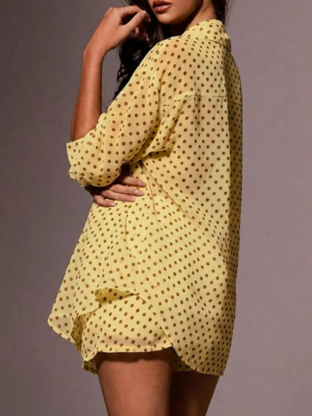 Polka Dot Button Up Shirt and Shorts Set in Yellow for Women