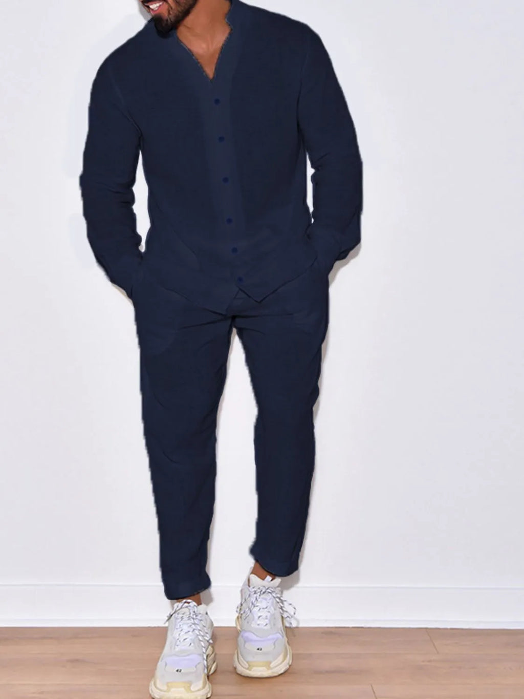 Button Up Long Sleeve Top and Pants Set in Gum Leaf for Men