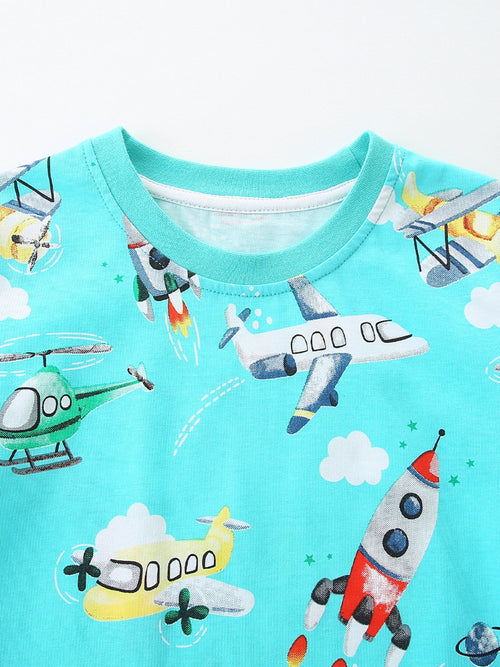 Airplane & Rocket Print Crew Neck Short Sleeve T-Shirt in Aqua for Boys