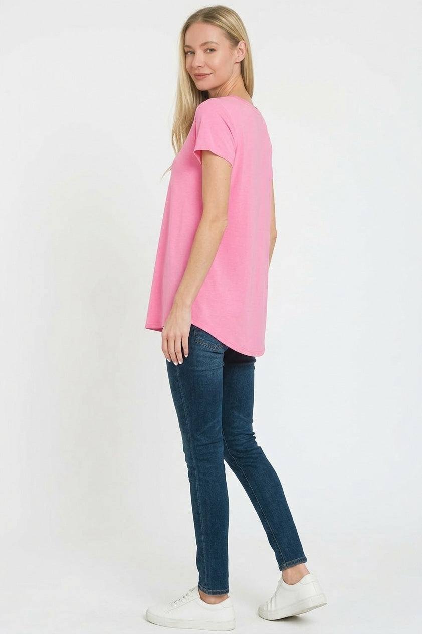 Rayon Short Sleeve V-Neck Round Hem Top in Candy Pink for Women